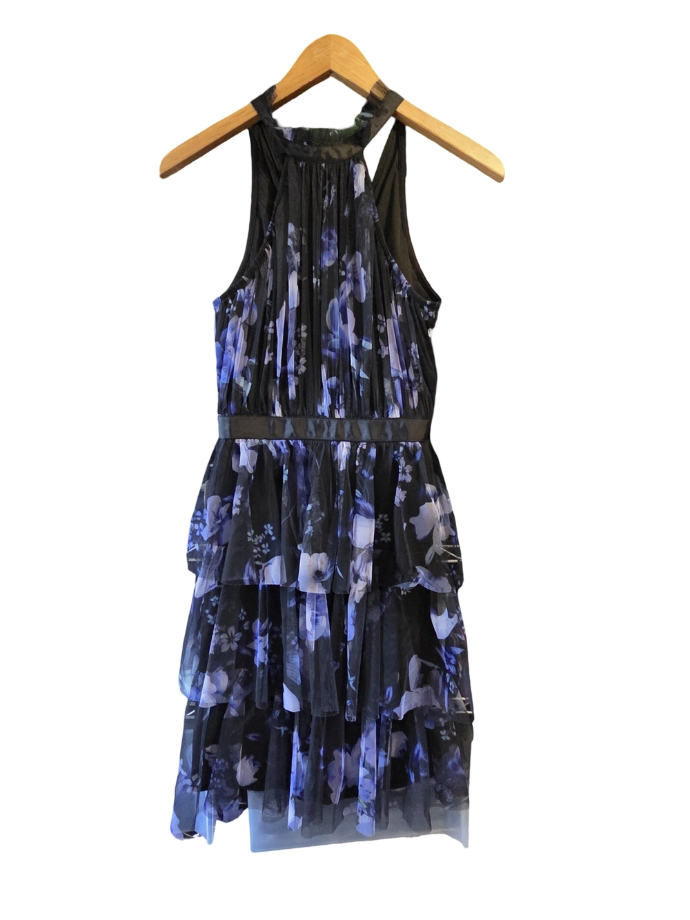 Lipsy Black One-Shoulder Tiered Floral Dress with Blue Print